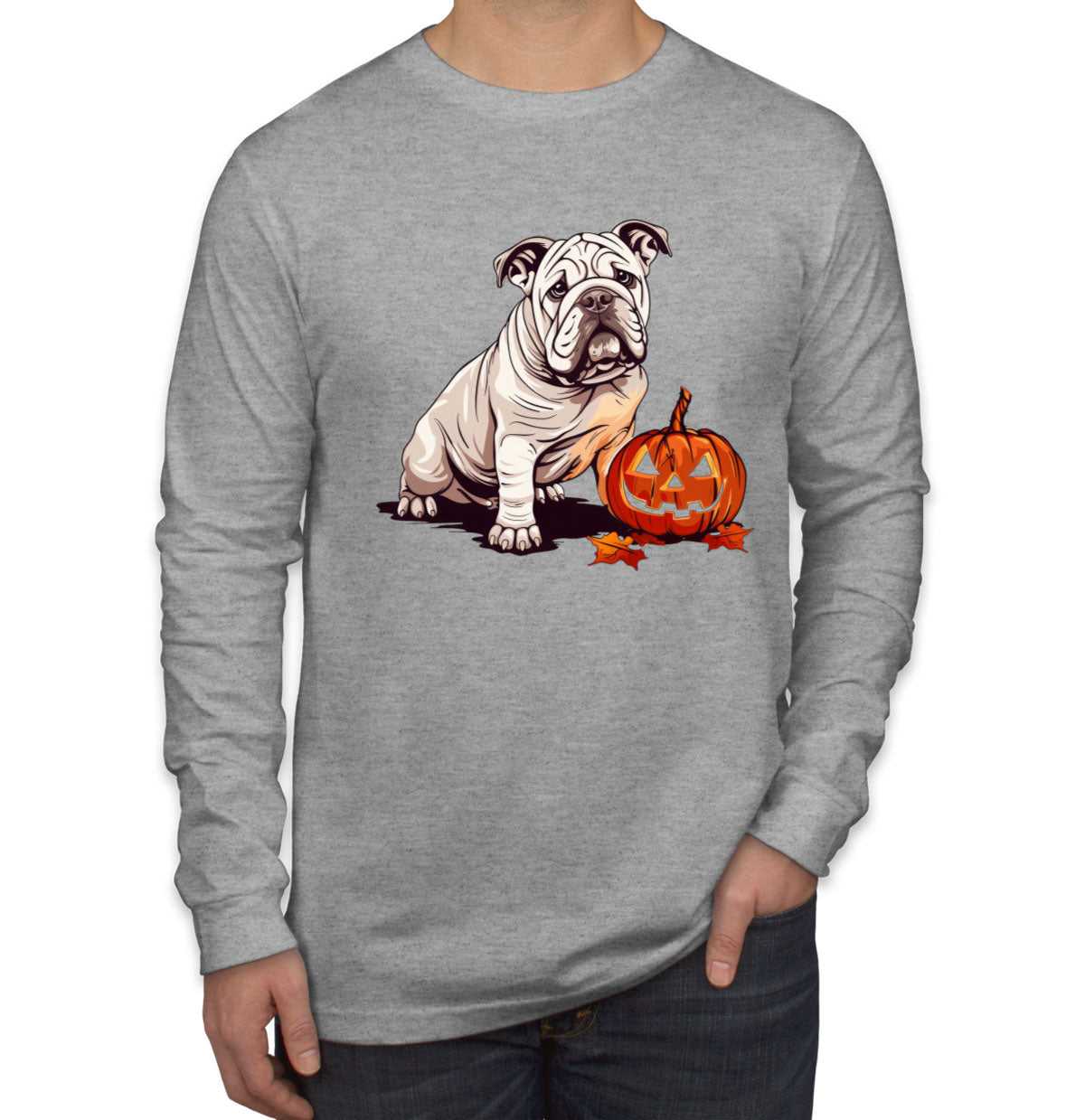 Bulldog With Halloween Pumpkin Men's Long Sleeve Shirt