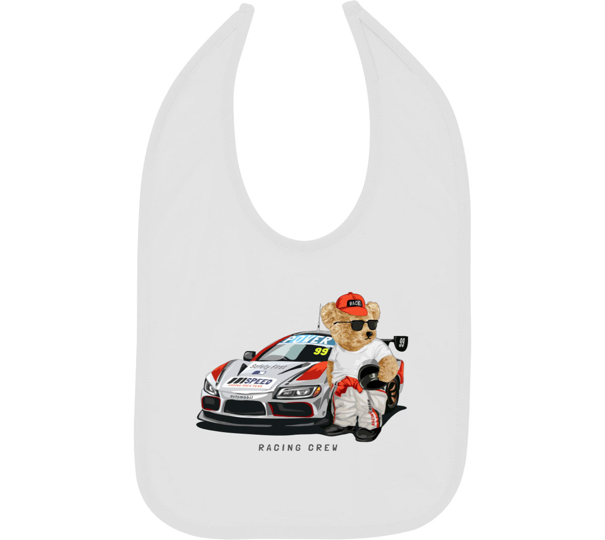 Teddy Bear Racing Crew Baby Bib