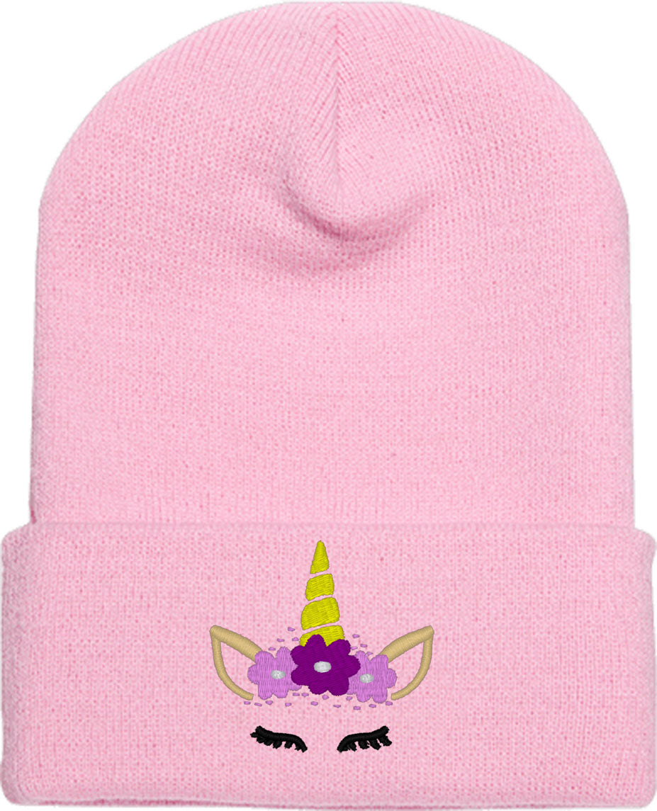 Unicorn Face With Flowers Knit Beanie