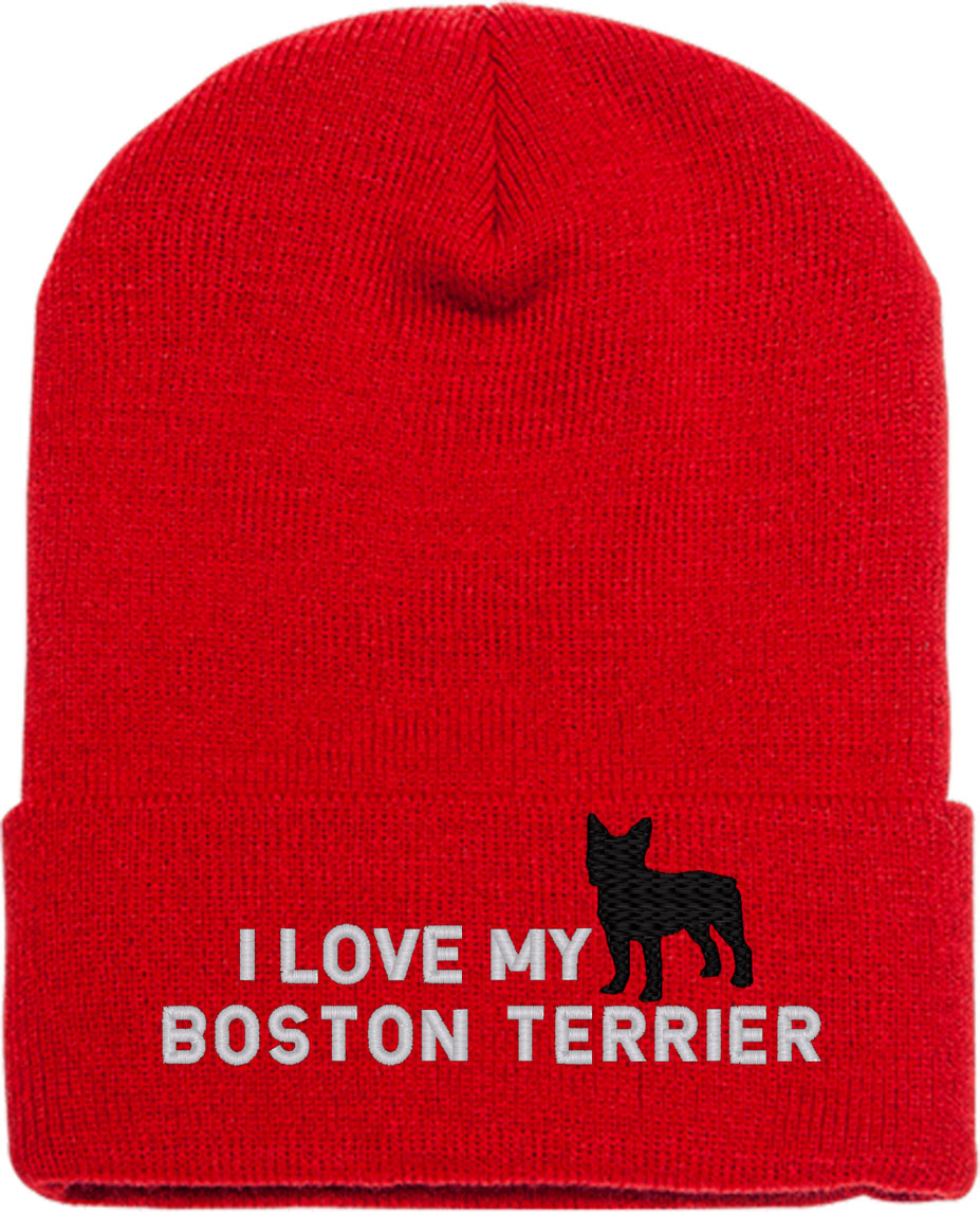 I Love My Boston Terrier Dog Knit Beanie