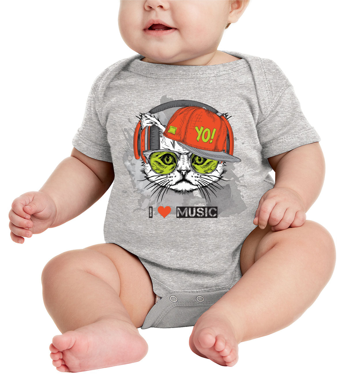 I Love Music Cat With Headphones Baby Onesie