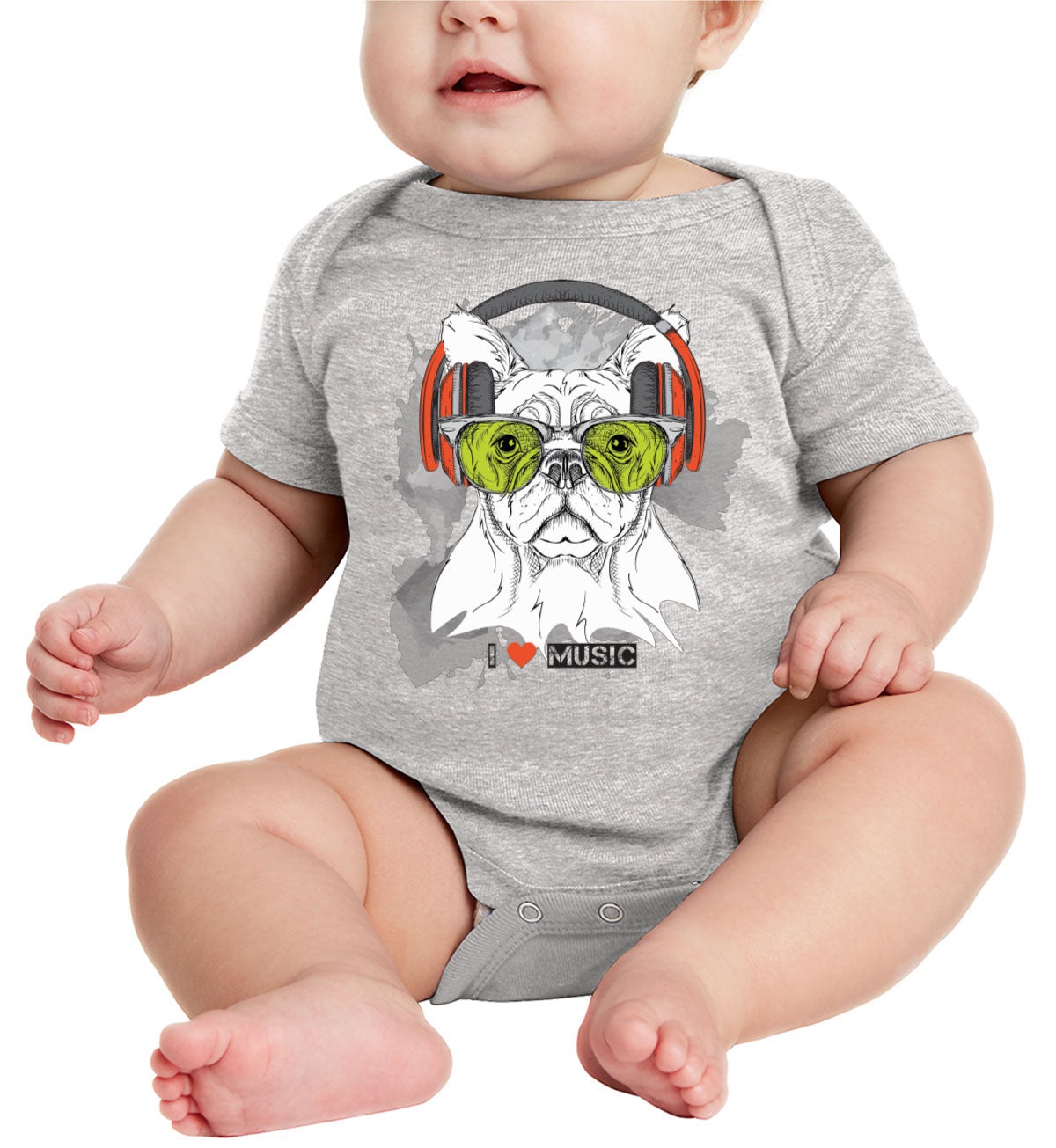 I Love Music Dog With Headphones Baby Onesie