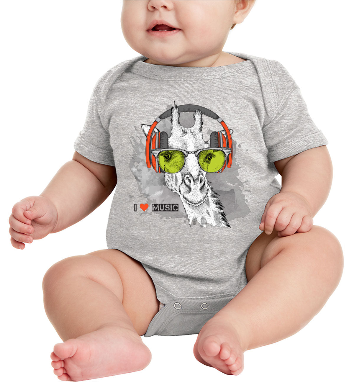 I Love Music Giraffe With Headphones Baby Onesie