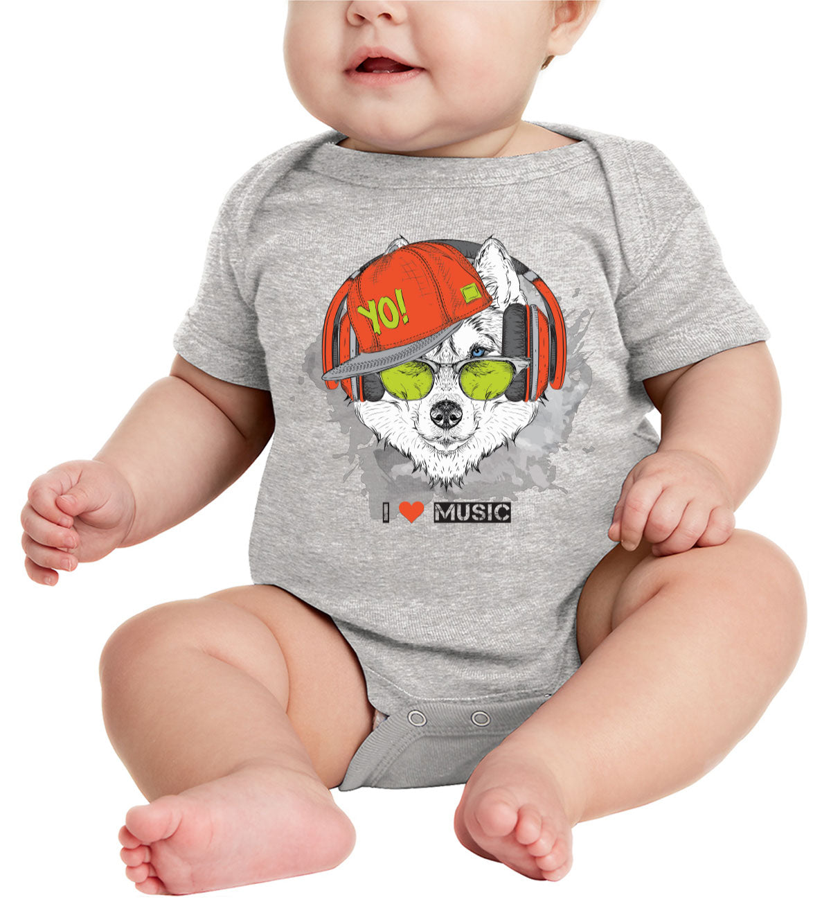 I Love Music Husky With Headphones Baby Onesie