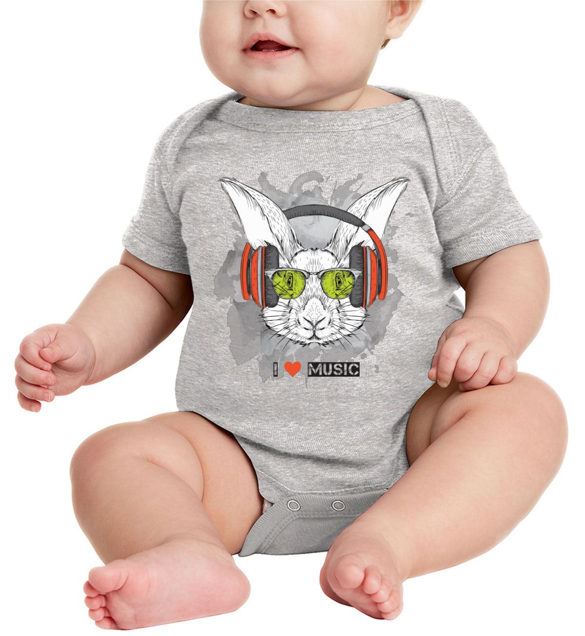 I Love Music Rabbit With Headphones Baby Onesie