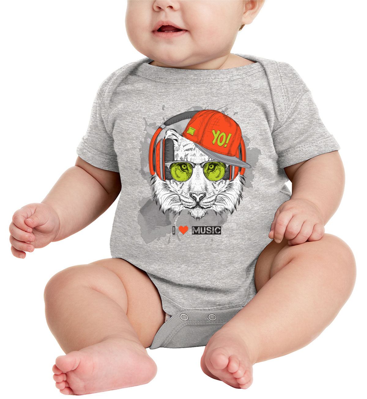 I Love Music Tiger With Headphones Baby Onesie