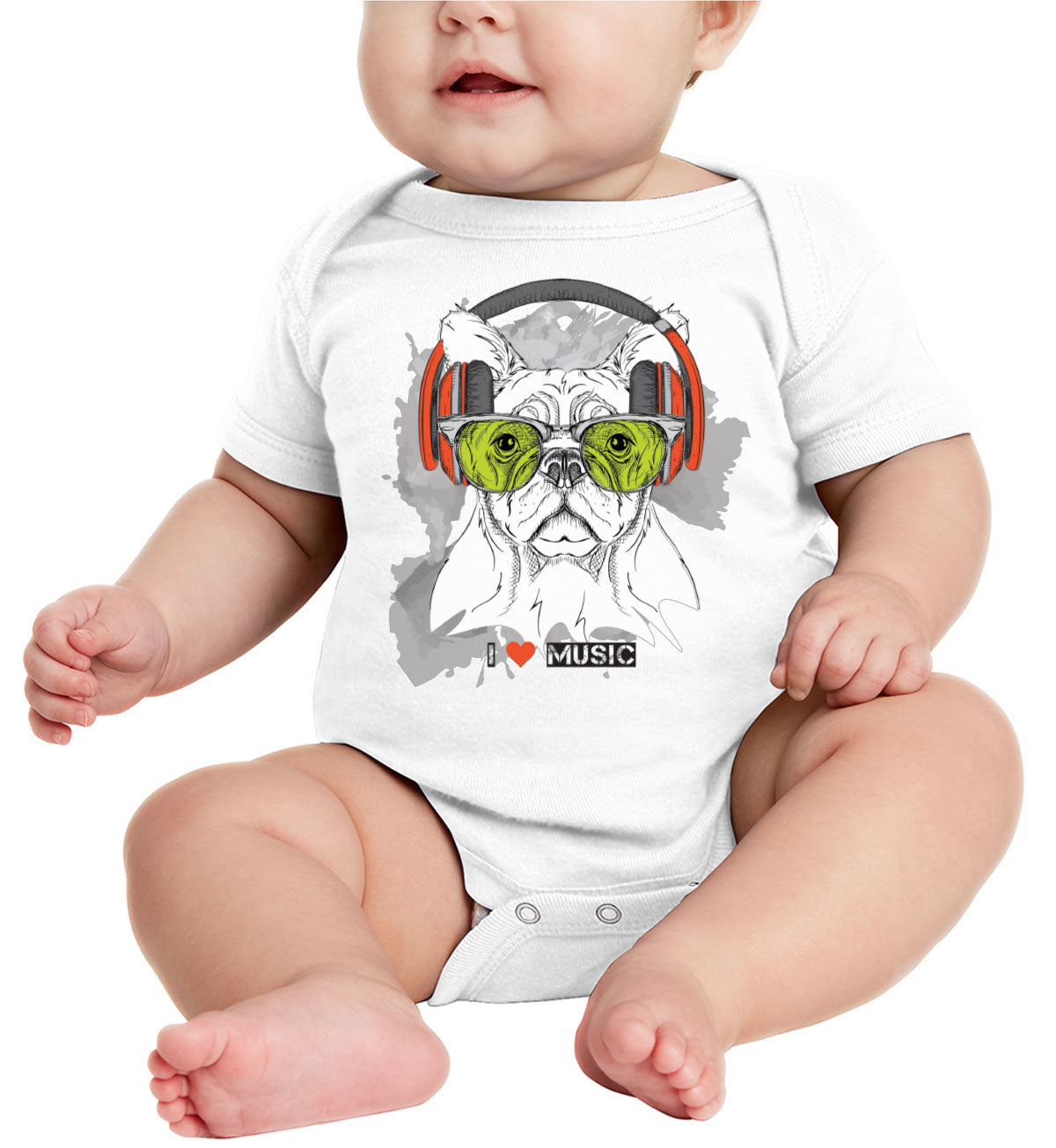 I Love Music Dog With Headphones Baby Onesie
