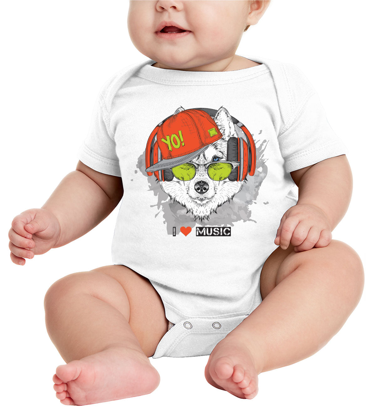 I Love Music Husky With Headphones Baby Onesie