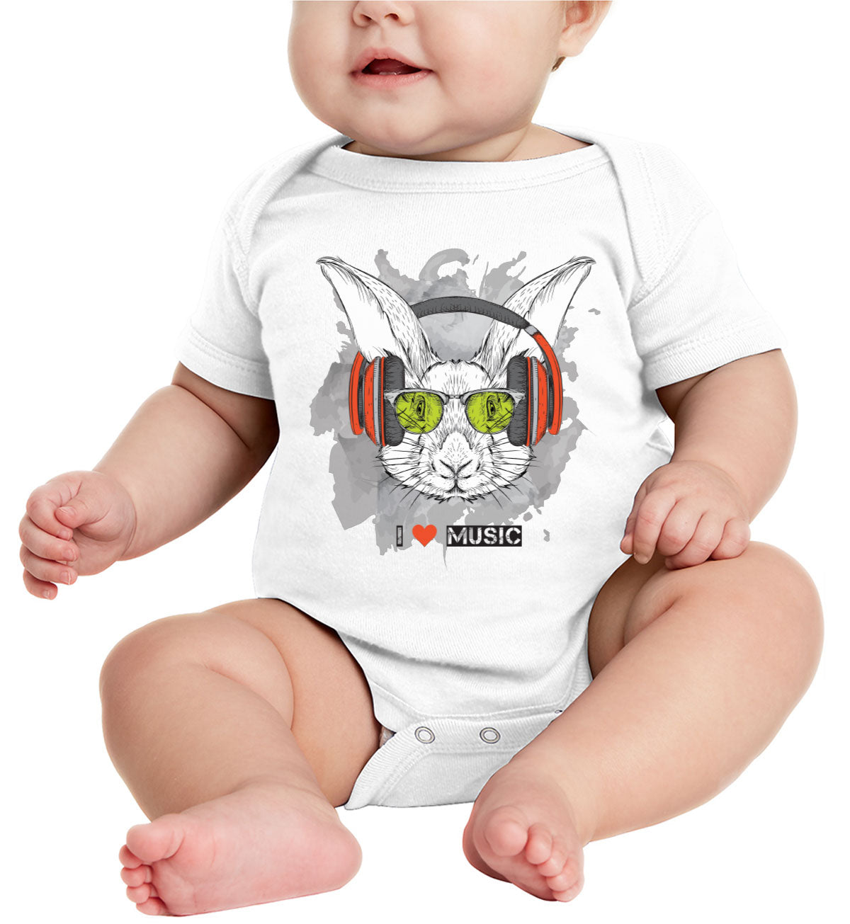 I Love Music Rabbit With Headphones Baby Onesie