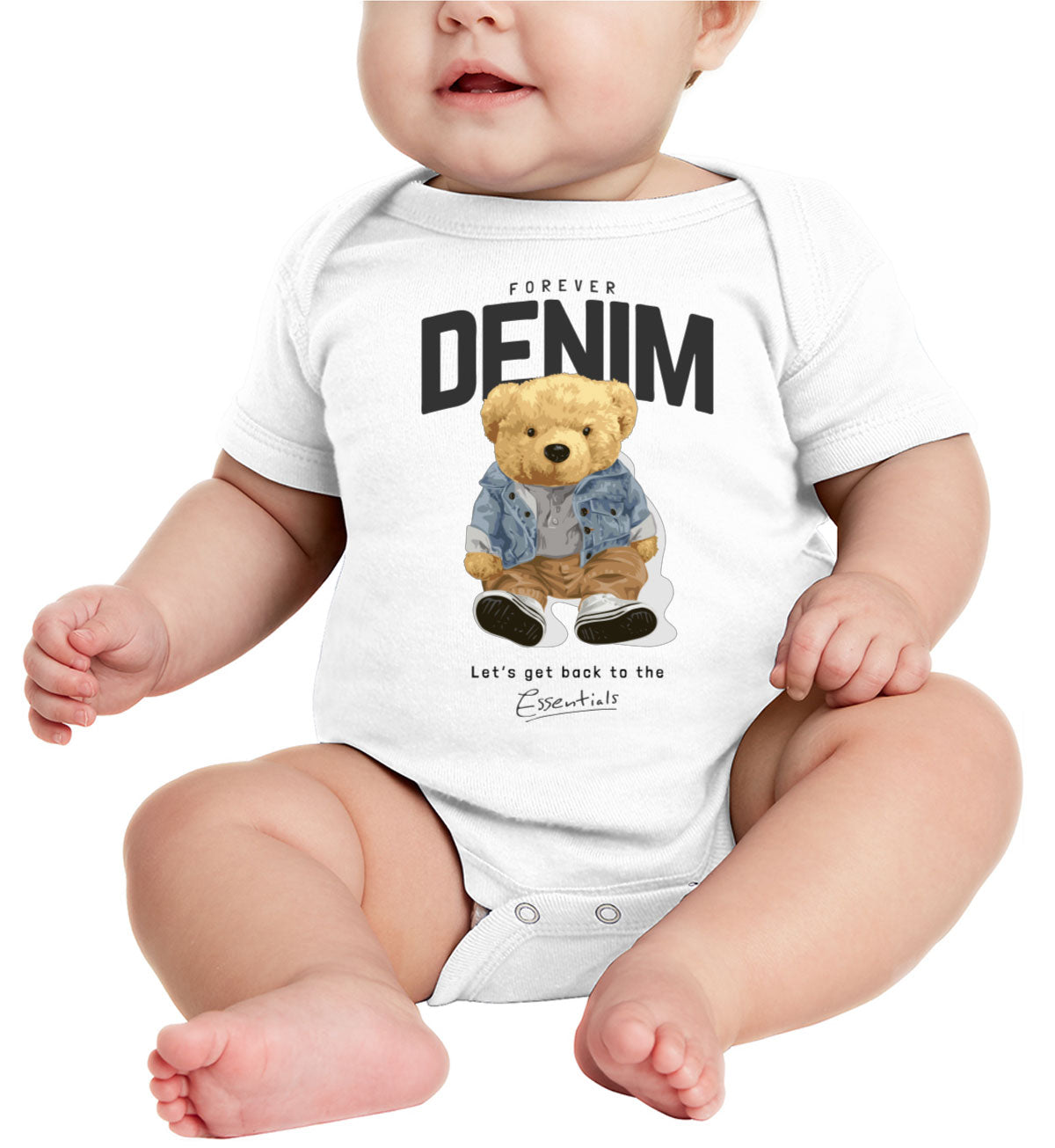 Teddy Bear Forever Denim Baby Onesie