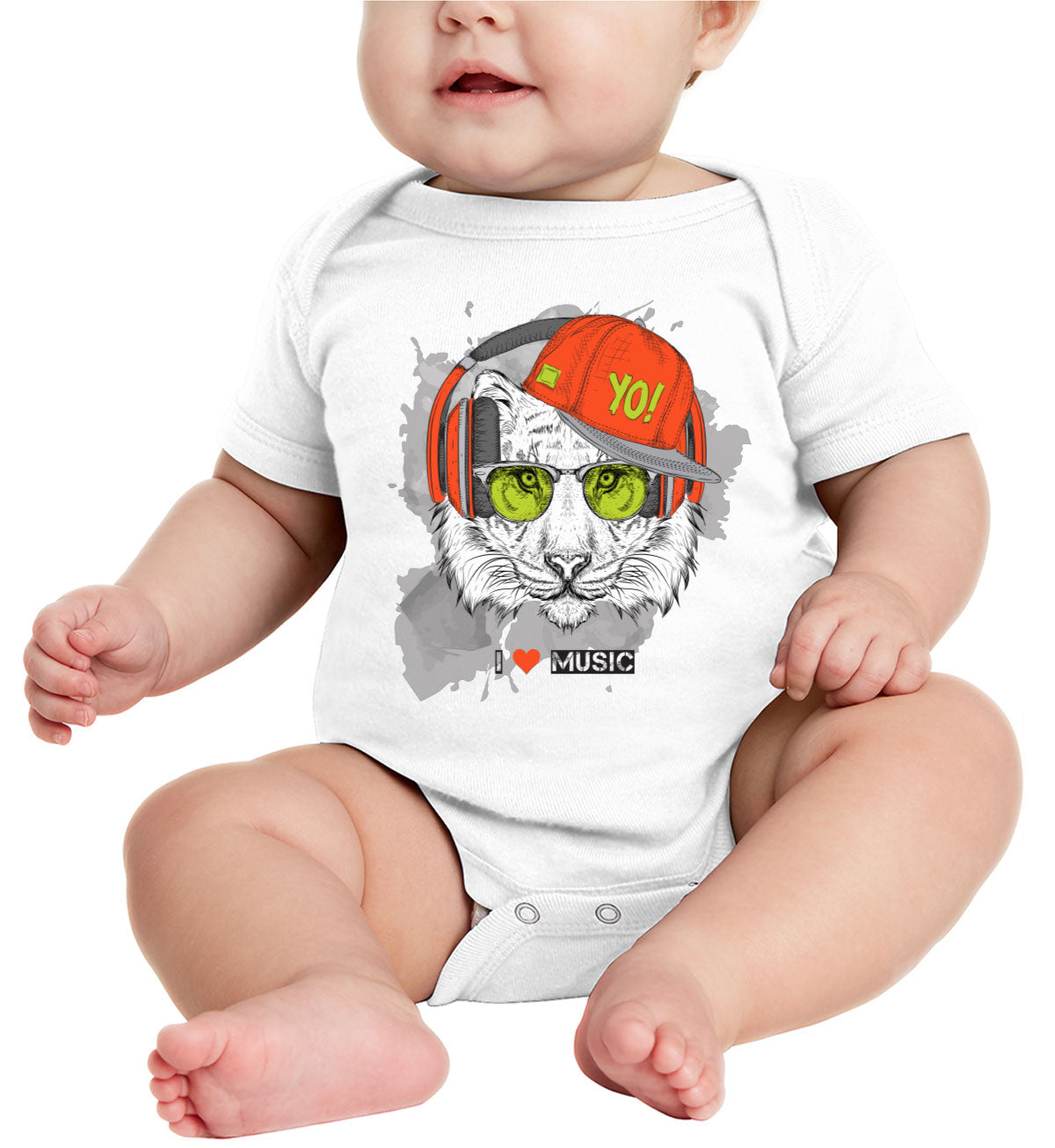 I Love Music Tiger With Headphones Baby Onesie