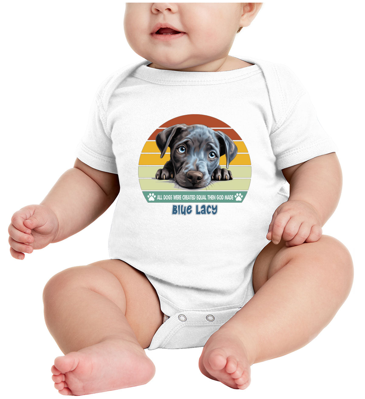 All Dogs Were Created Equal Blue Lacy Baby Onesie