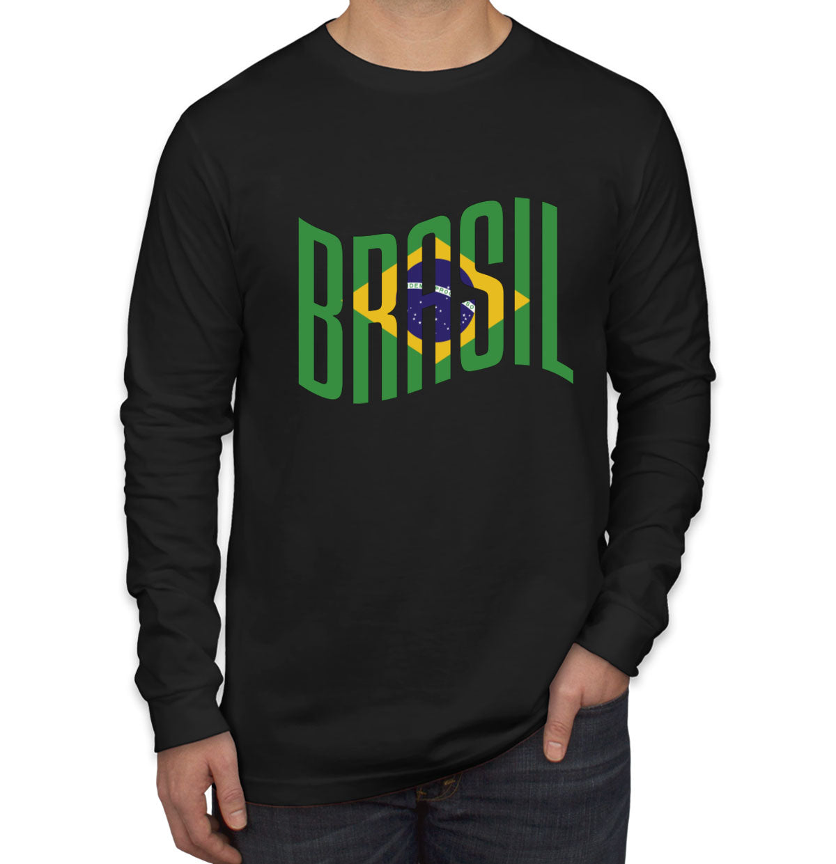 Brasil Typography With Brazil Flag Men's Long Sleeve Shirt