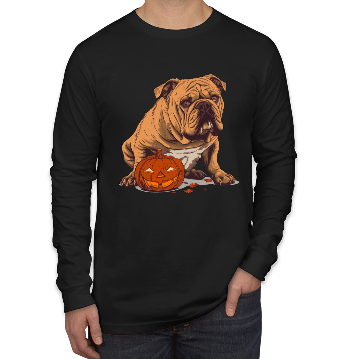 Bulldog With Halloween Pumpkin Men's Long Sleeve Shirt