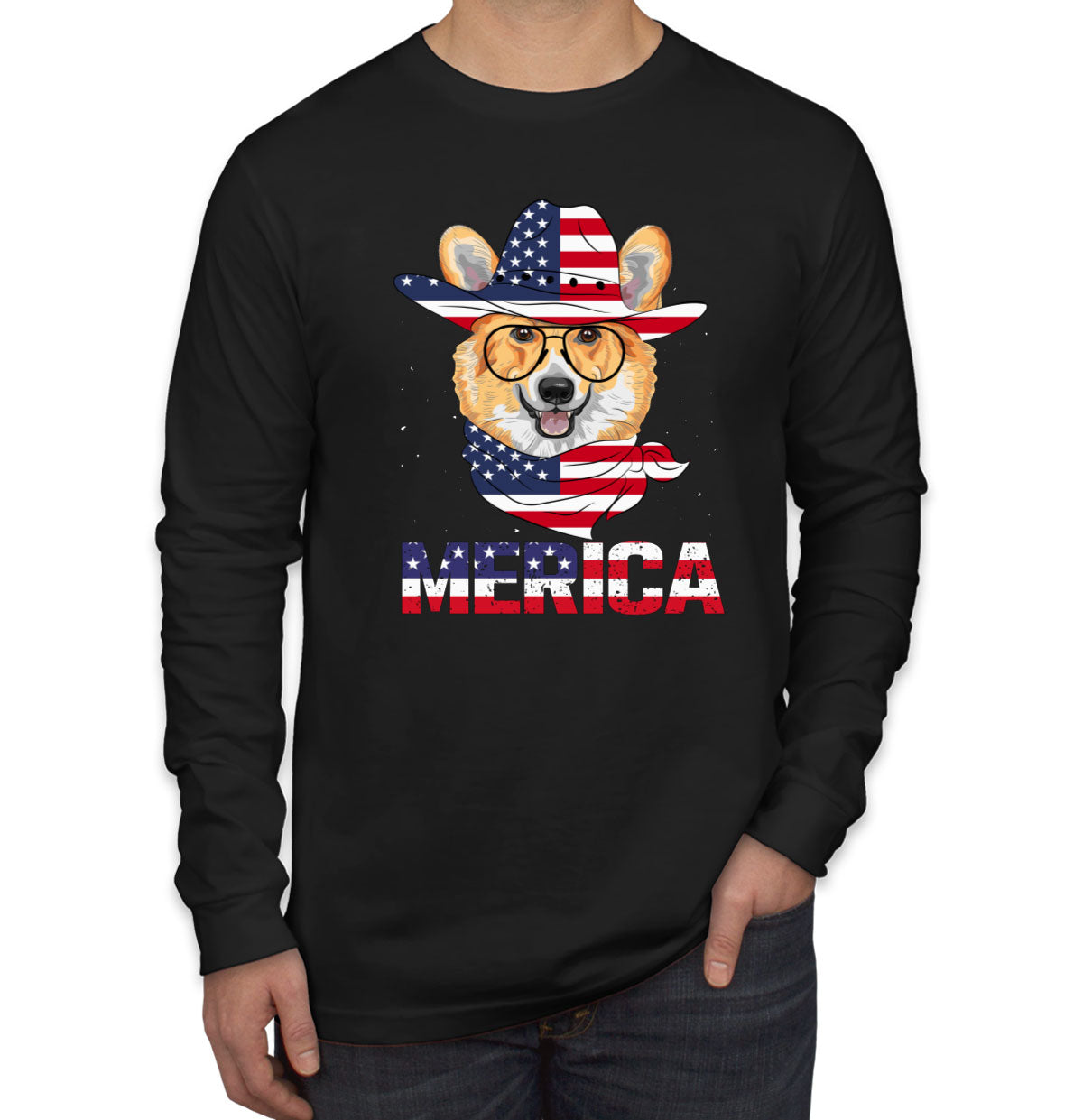 Corgi Merica Patriotic Men's Long Sleeve Shirt