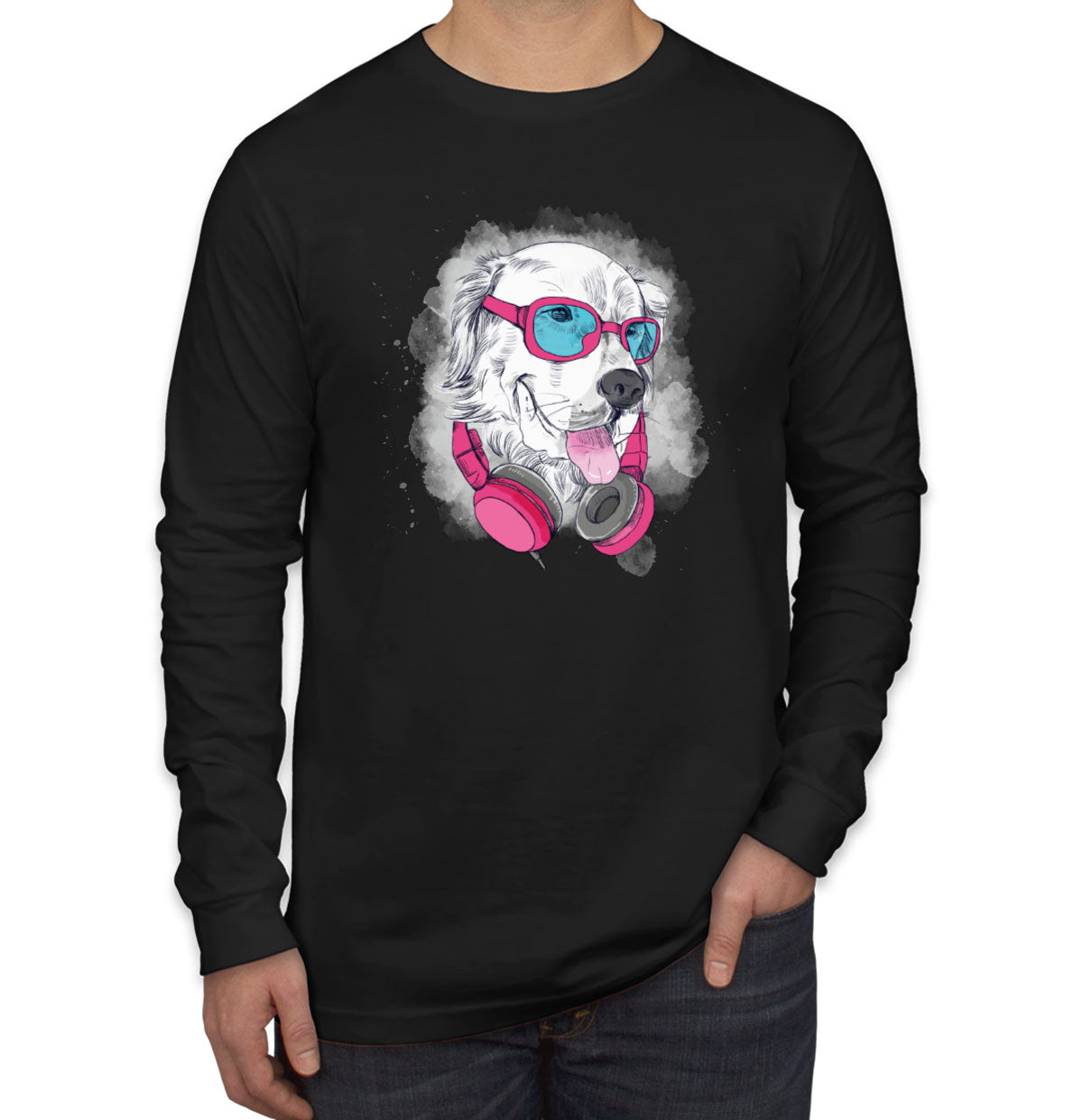 Cool Dog With Headphone Men's Long Sleeve Shirt