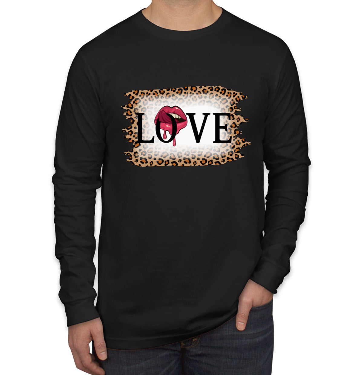 Love Tongue Lipstick Leopard Print Valentine's Day Men's Long Sleeve Shirt