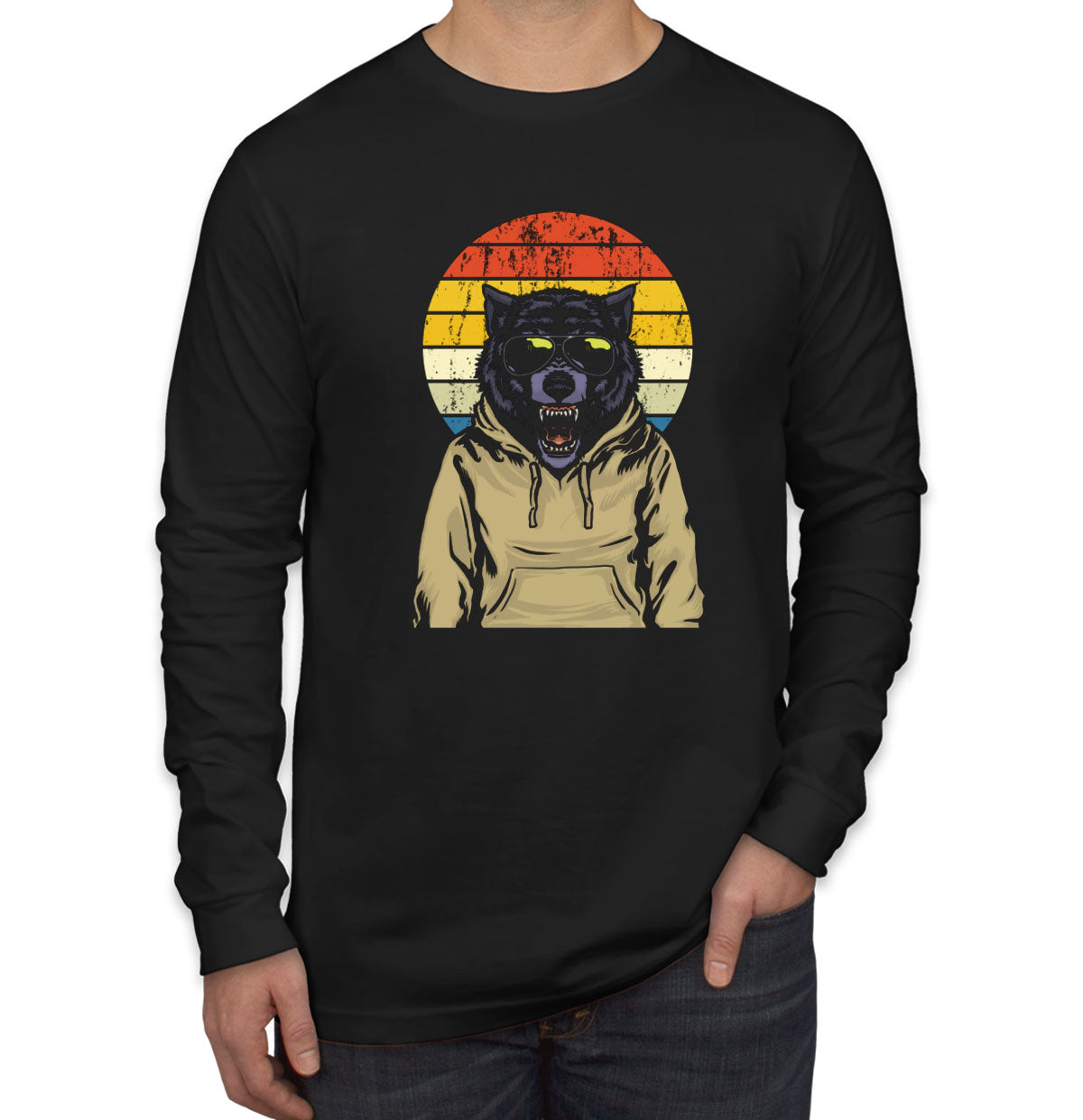 Wolf Retro Sunset Men's Long Sleeve Shirt