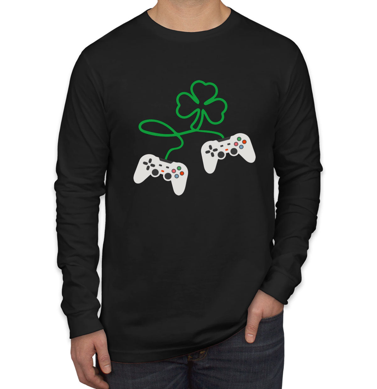 Shamrock Video Gamer St. Patrick's Day Men's Long Sleeve Shirt