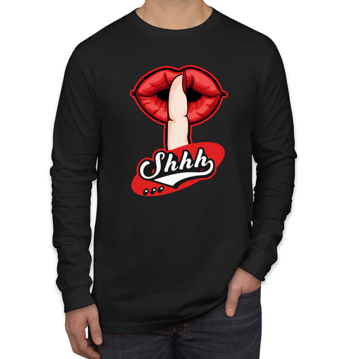 Shhh Silent Gesture With Finger And Red Lips Men's Long Sleeve Shirt