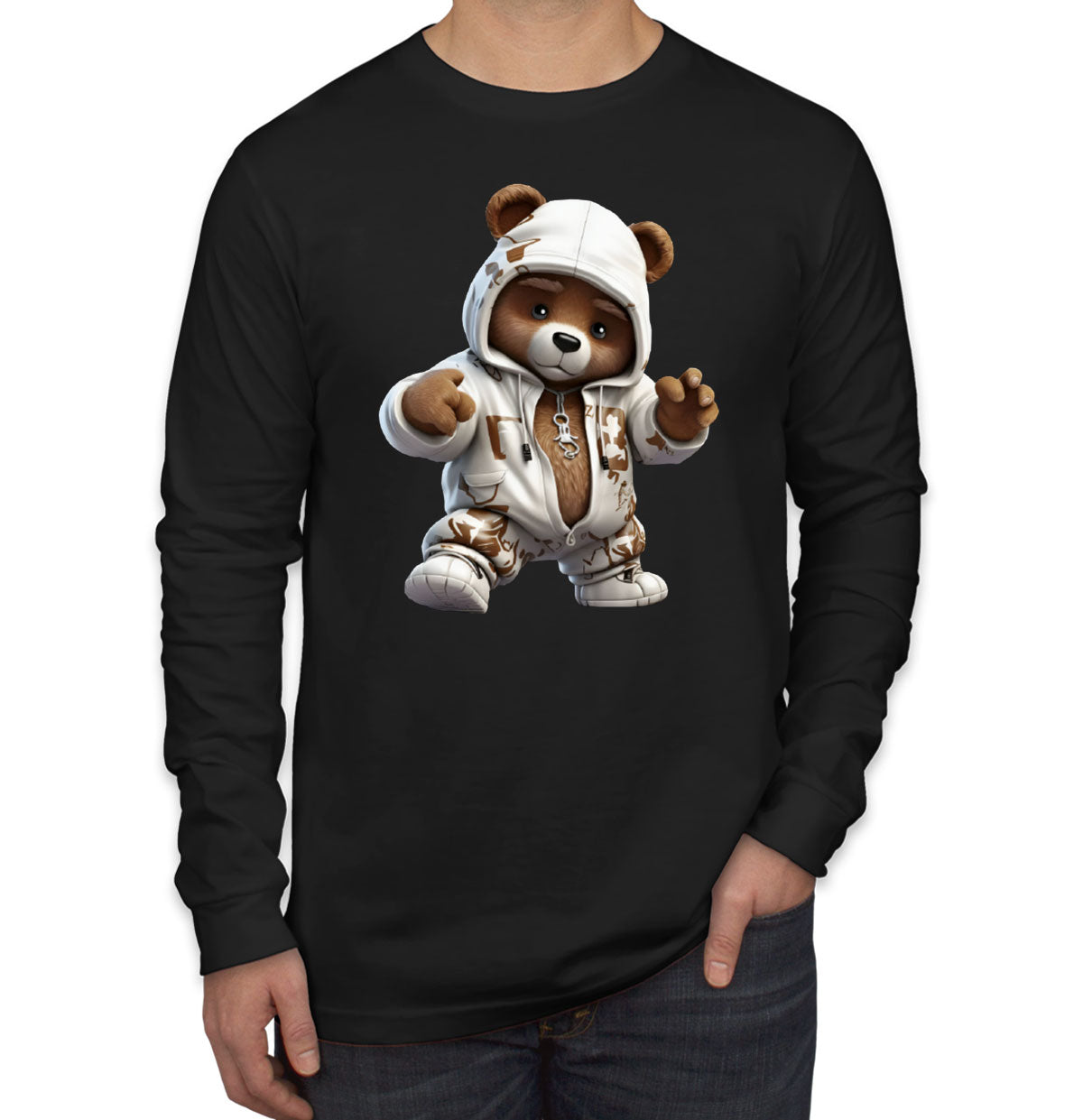 Teddy Bear Wearing Streetwear Men's Long Sleeve Shirt