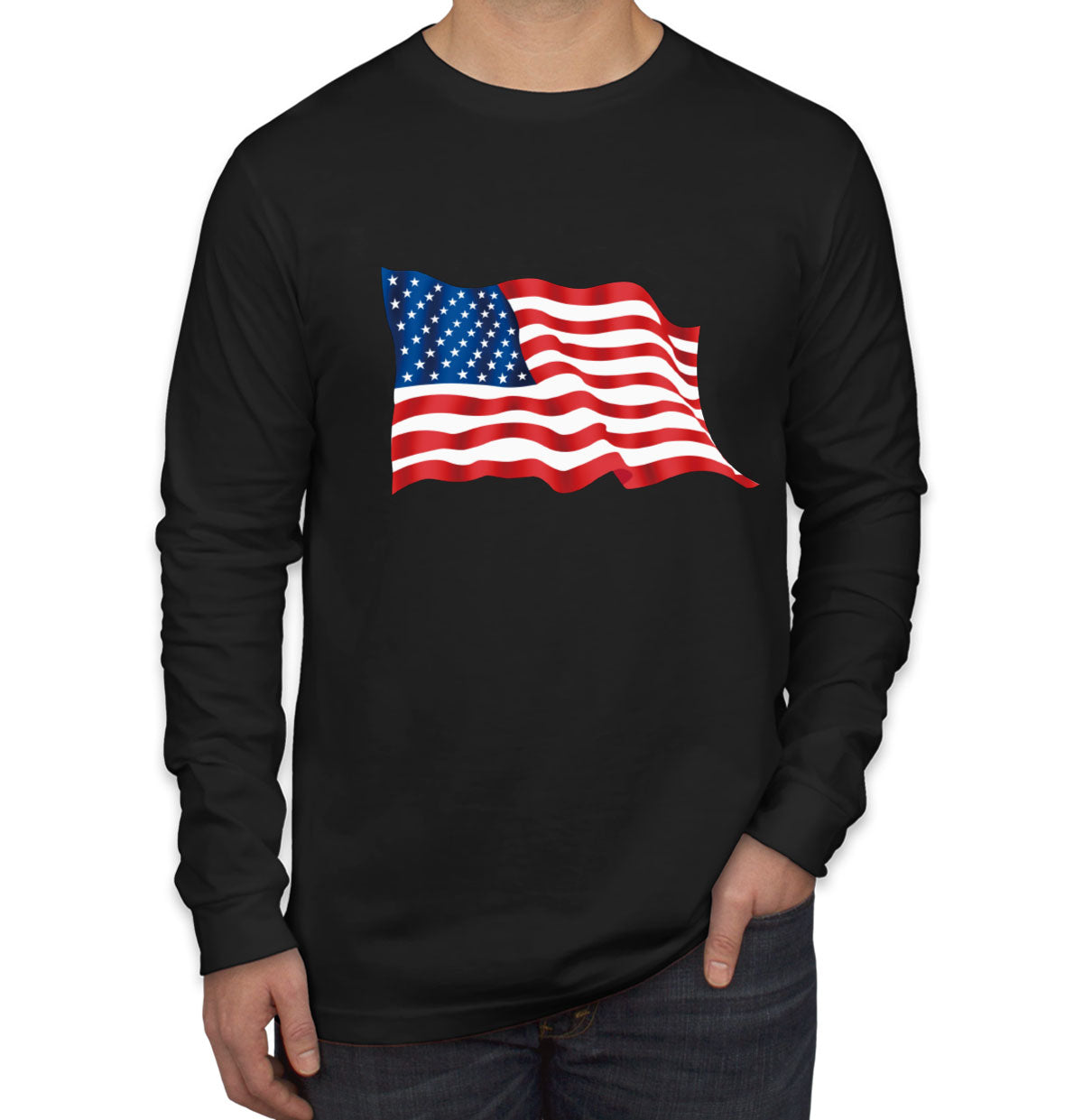 Waving American Flag Patriotic Men's Long Sleeve Shirt