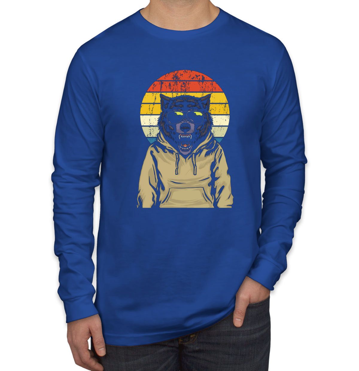 Wolf Retro Sunset Men's Long Sleeve Shirt