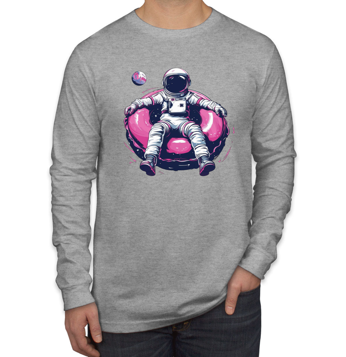 Astronaut On A Pink Float Men's Long Sleeve Shirt