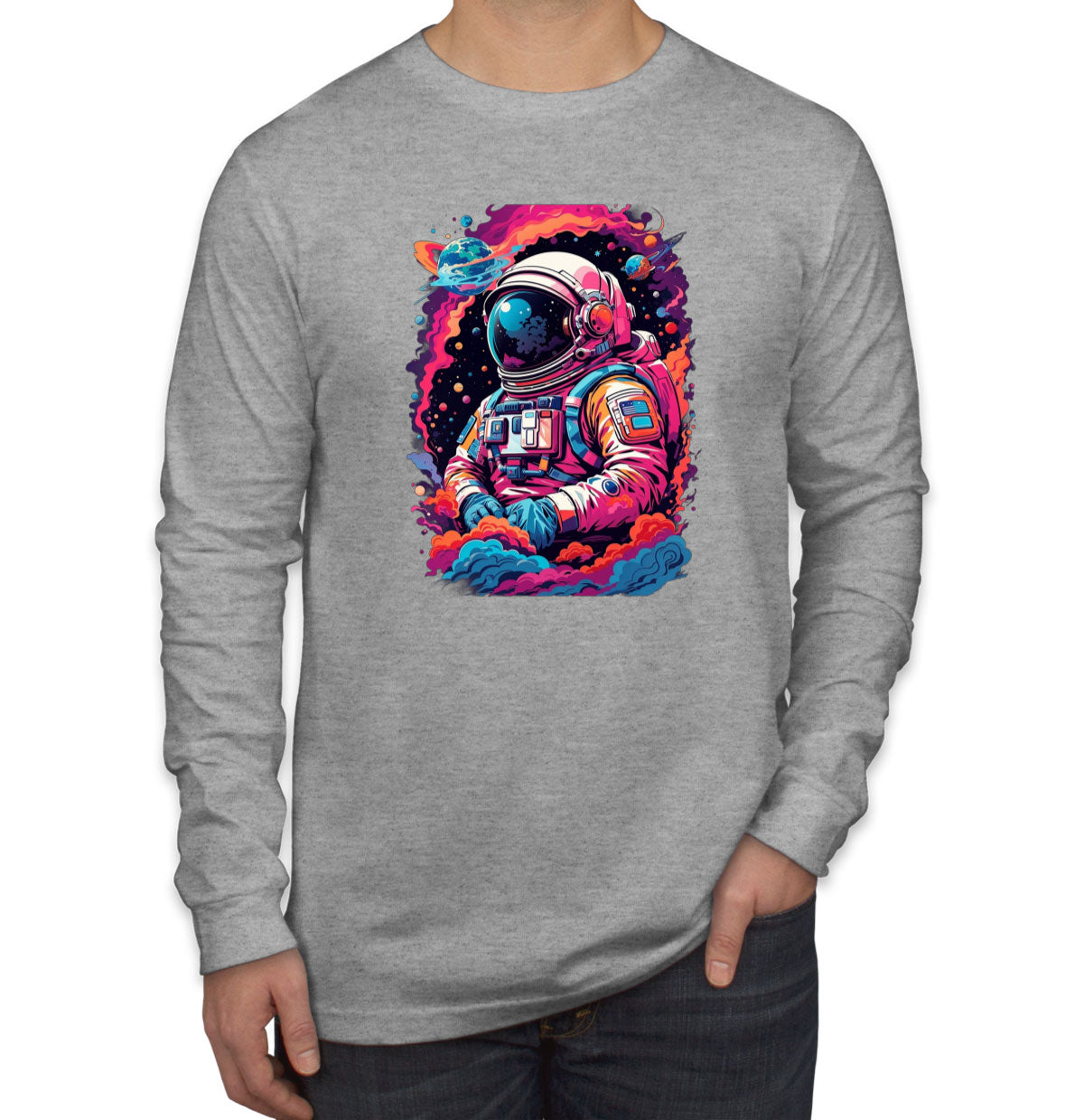 Illustration Colorful Astronaut in the Galaxy Men's Long Sleeve Shirt