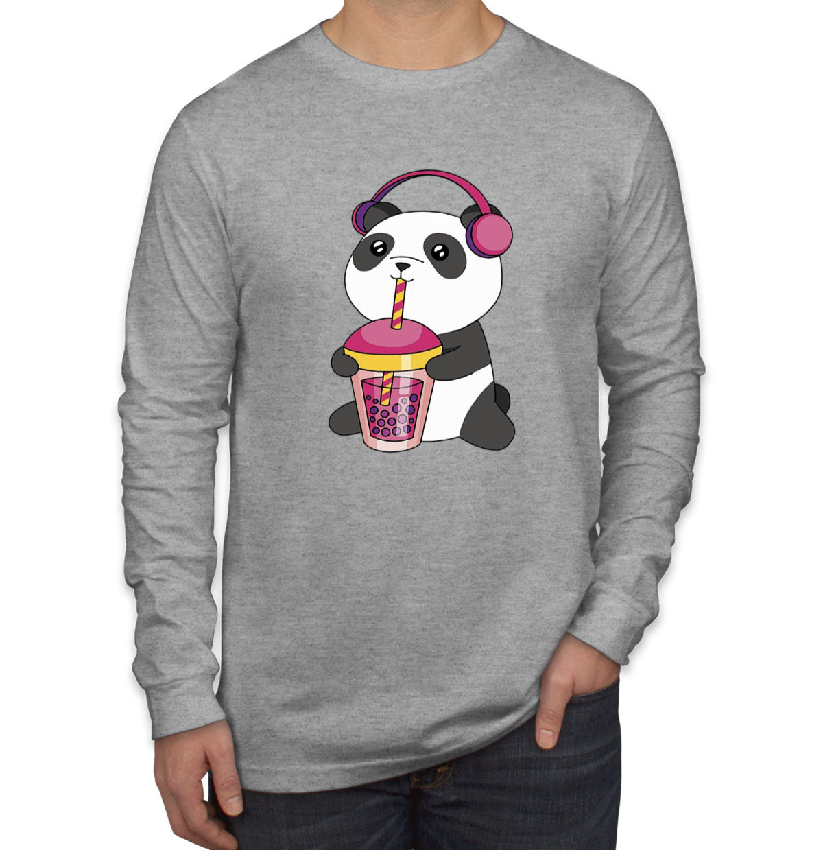 Panda Drinking Bubble Tea Men's Long Sleeve Shirt