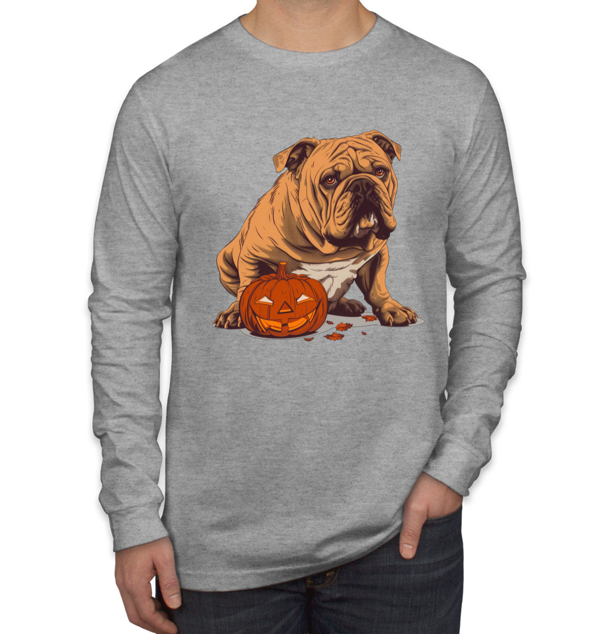 Bulldog With Halloween Pumpkin Men's Long Sleeve Shirt