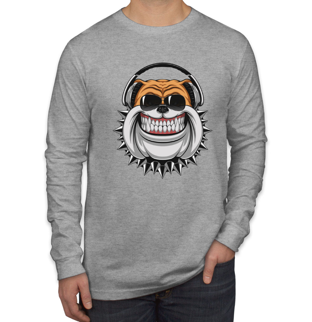 Bulldog With Headphone Cartoon Men's Long Sleeve Shirt