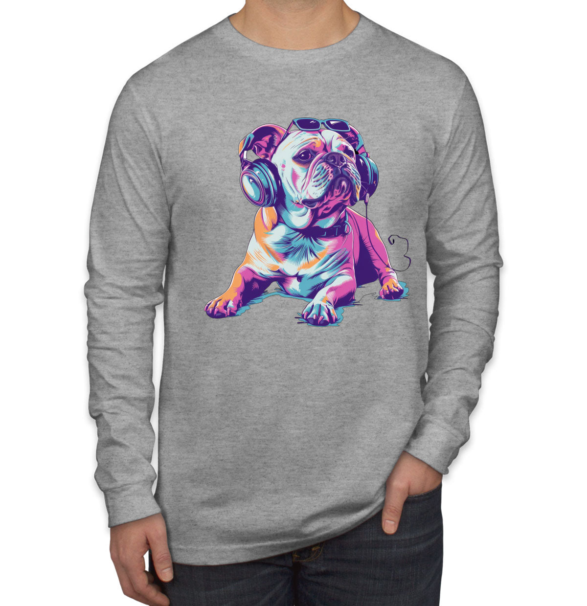 Bulldog With Headphone And Sunglasses Men's Long Sleeve Shirt