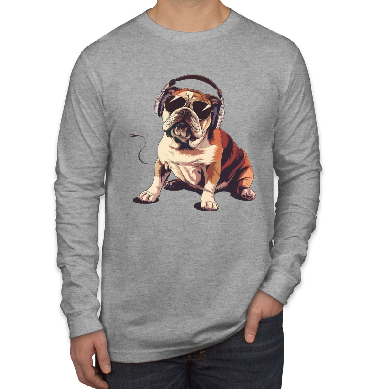 Bulldog With Headphone Men's Long Sleeve Shirt