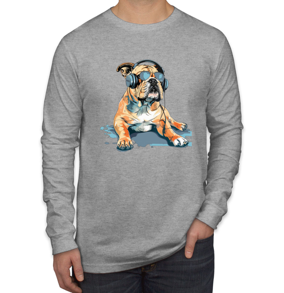 Bulldog With Headphone And Sunglasses Men's Long Sleeve Shirt