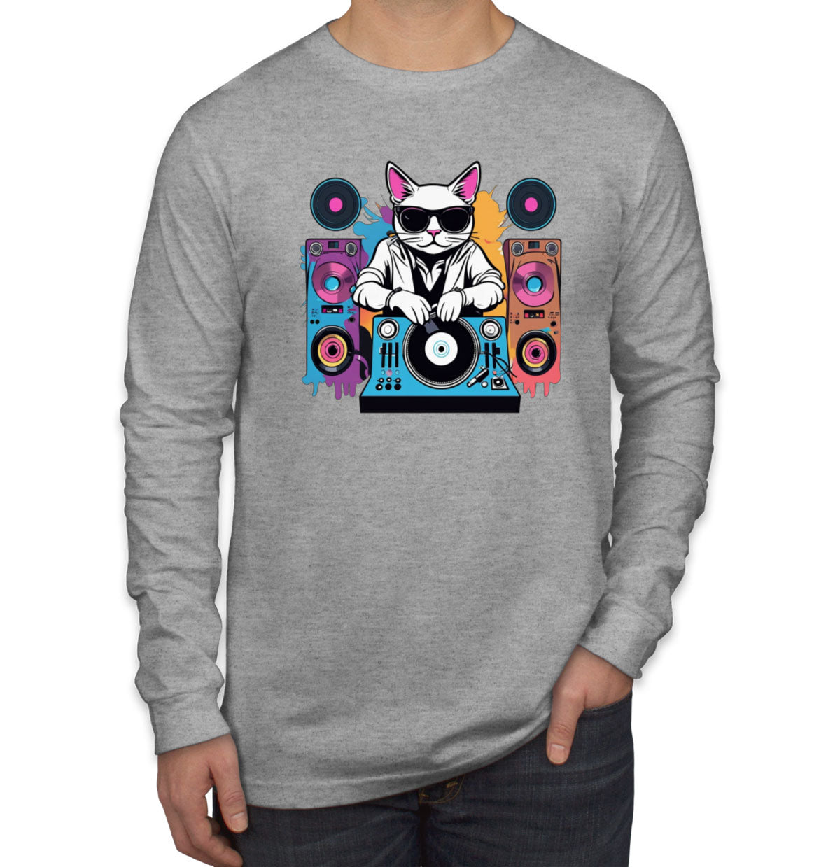 Cool Dj Cat Men's Long Sleeve Shirt