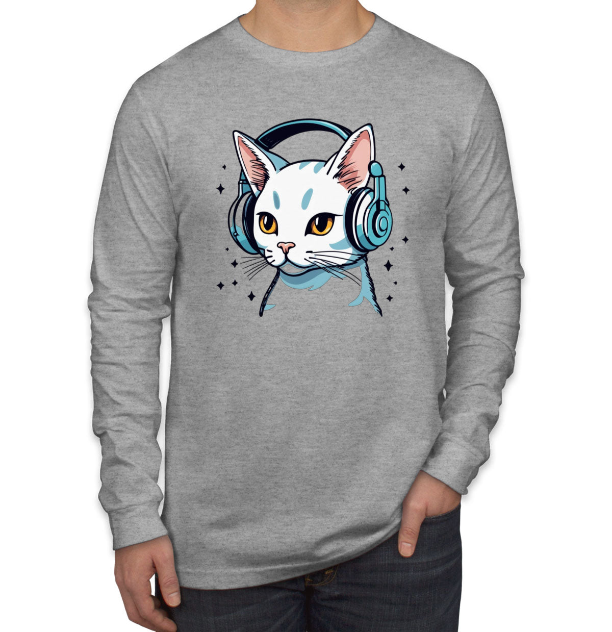 Cool Cat With Headphone Men's Long Sleeve Shirt