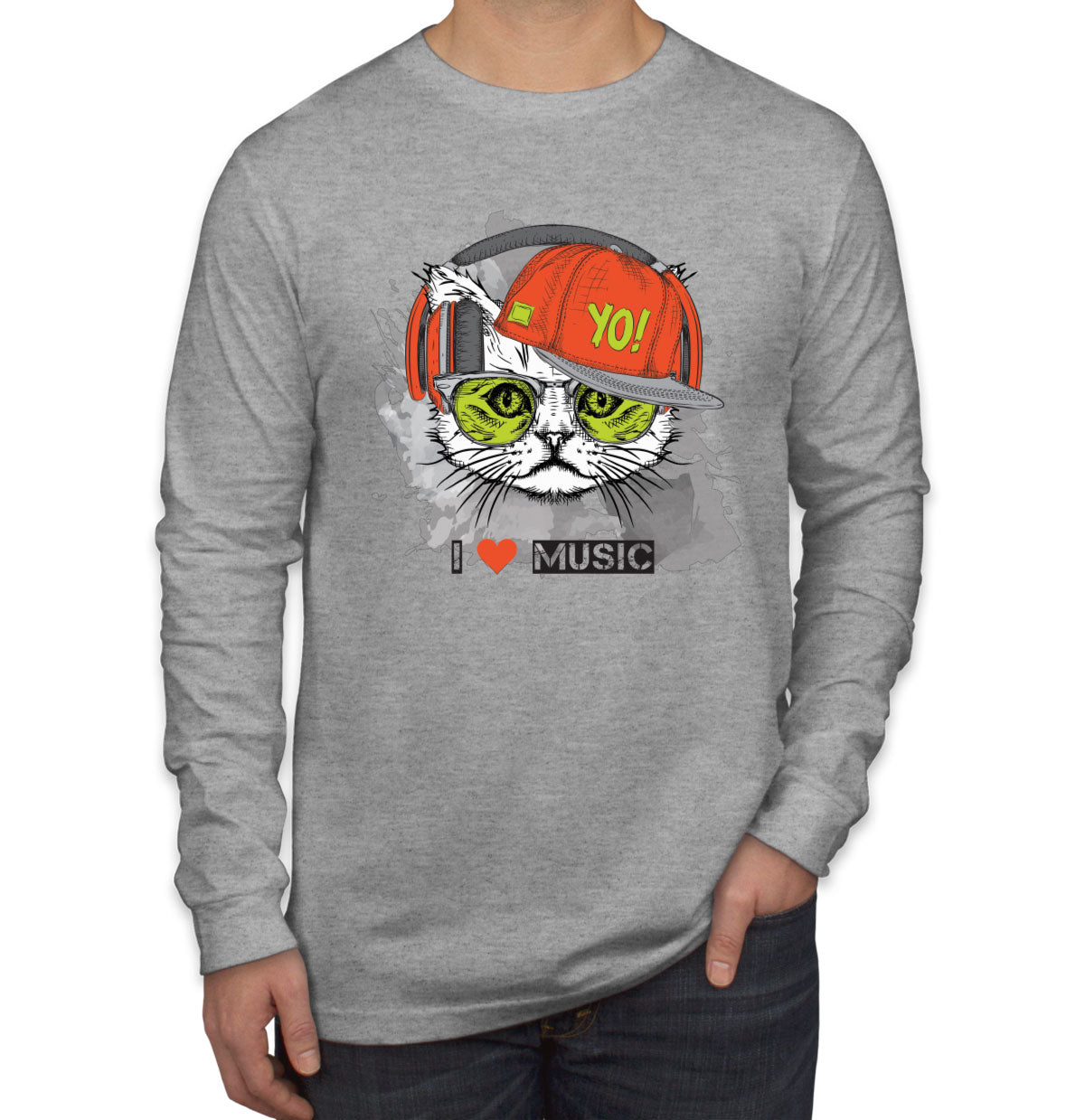 I Love Music Cat With Headphones Men's Long Sleeve Shirt