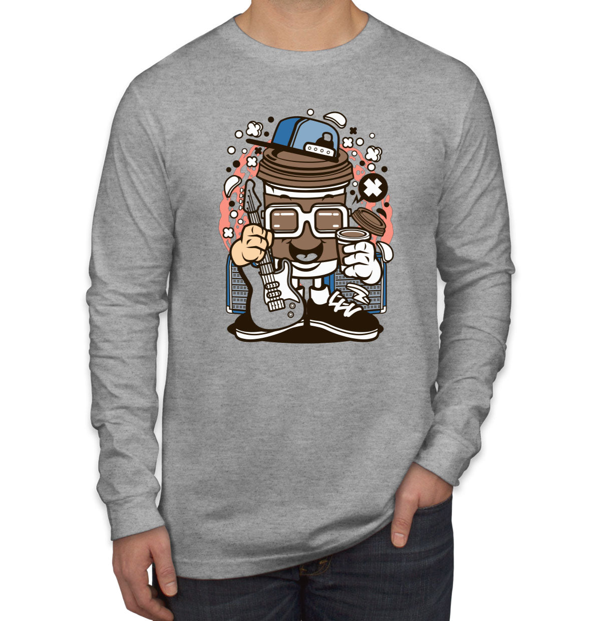 Coffee Cup Rock Cartoon Men's Long Sleeve Shirt