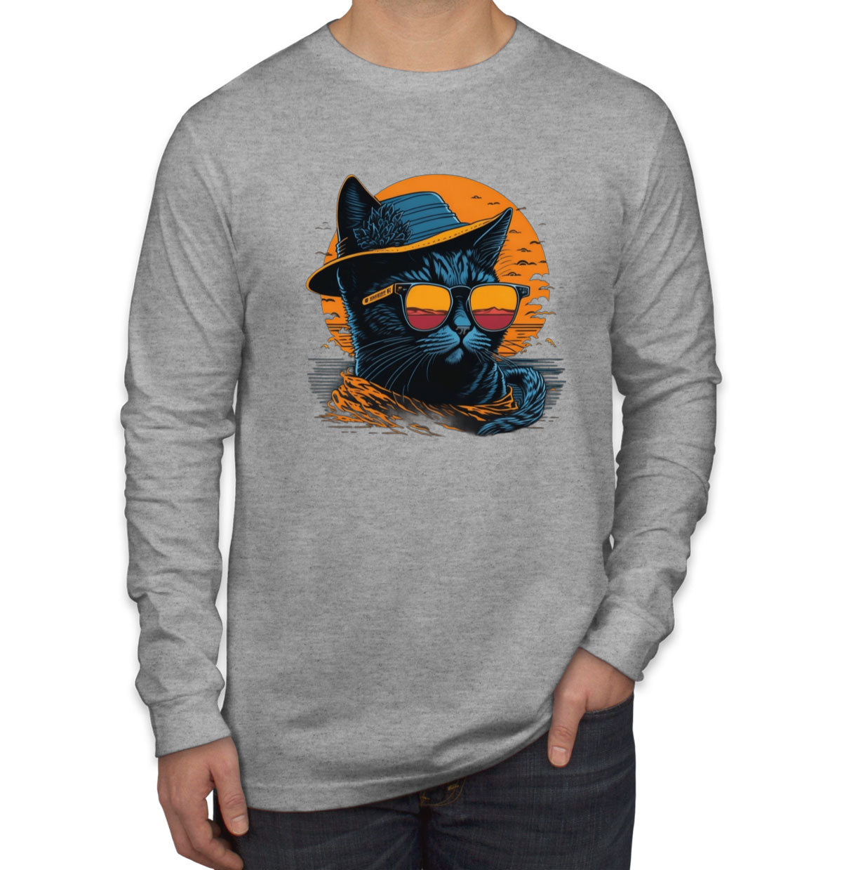 Cool Cat With Hat And Sunglasses Men's Long Sleeve Shirt