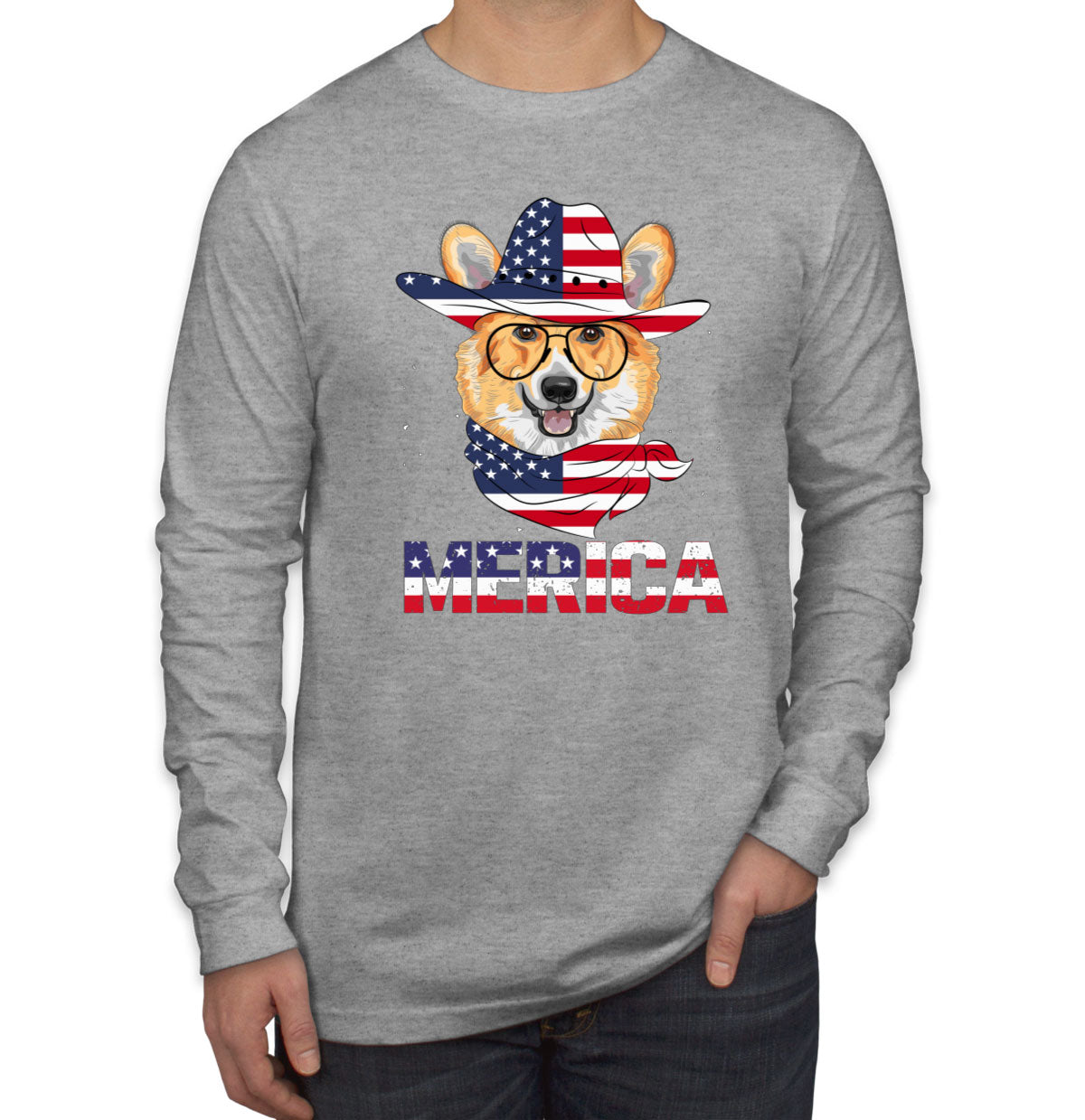 Corgi Merica Patriotic Men's Long Sleeve Shirt