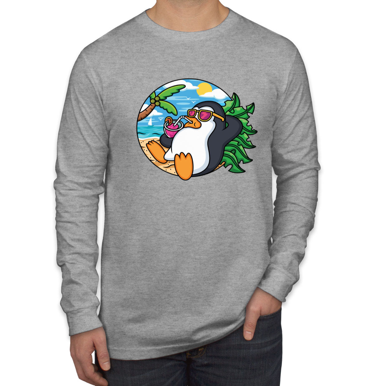 Cartoon Penguin On Vacation Men's Long Sleeve Shirt