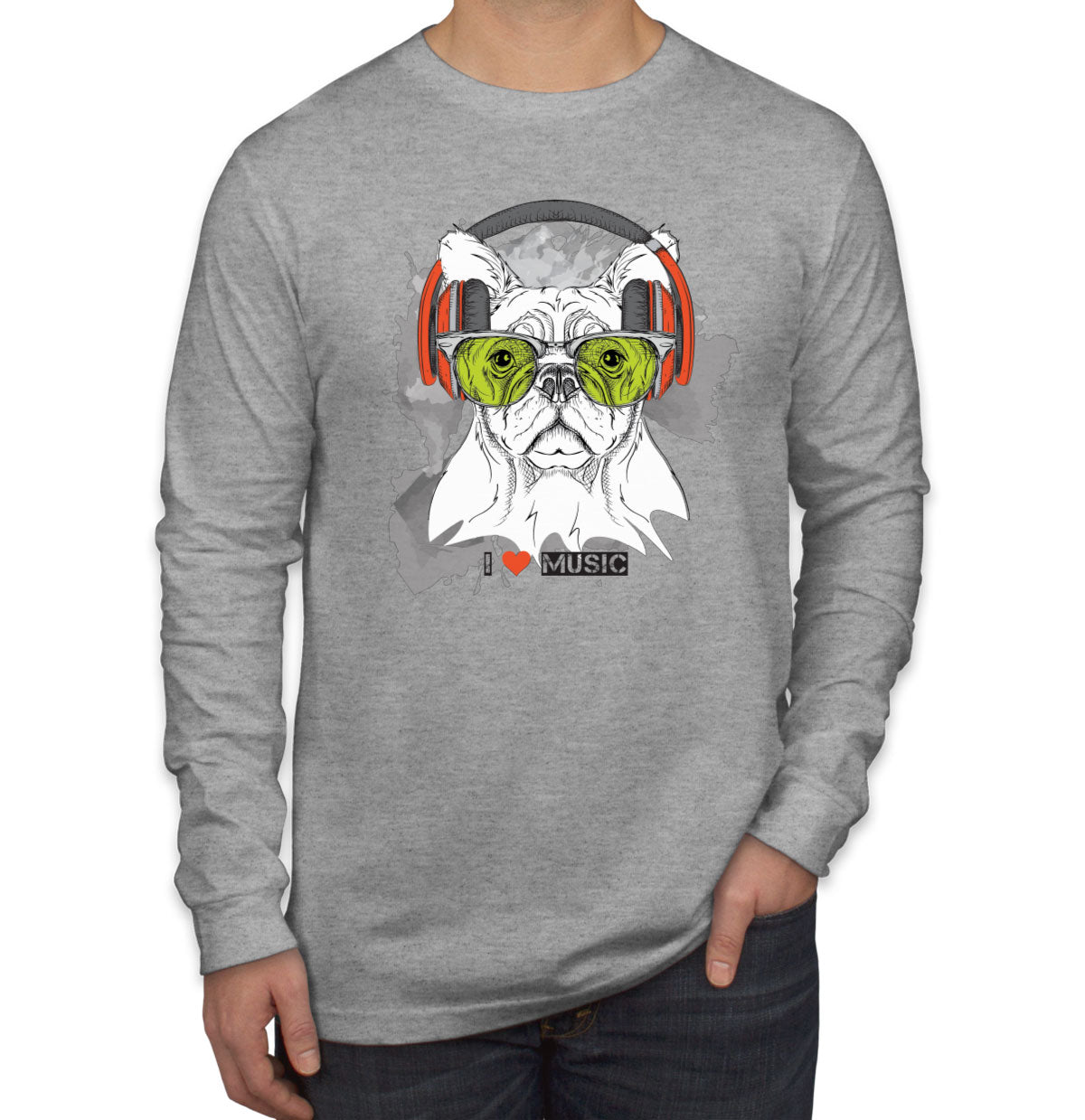 I Love Music Dog With Headphones Men's Long Sleeve Shirt