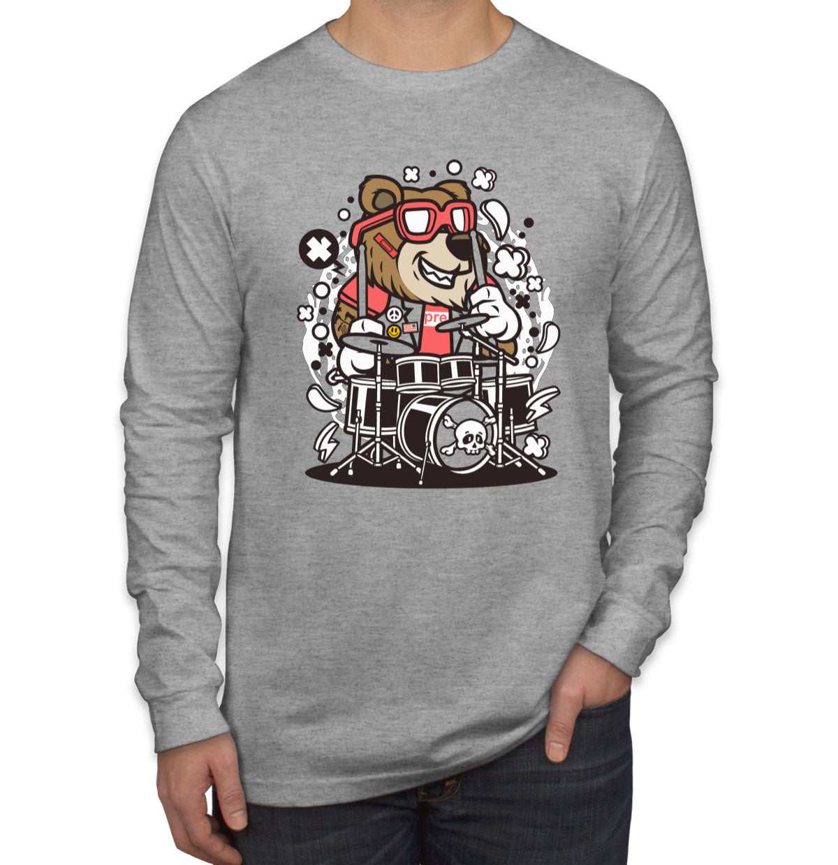 Cool Punk Rock Bear Drummer Men's Long Sleeve Shirt