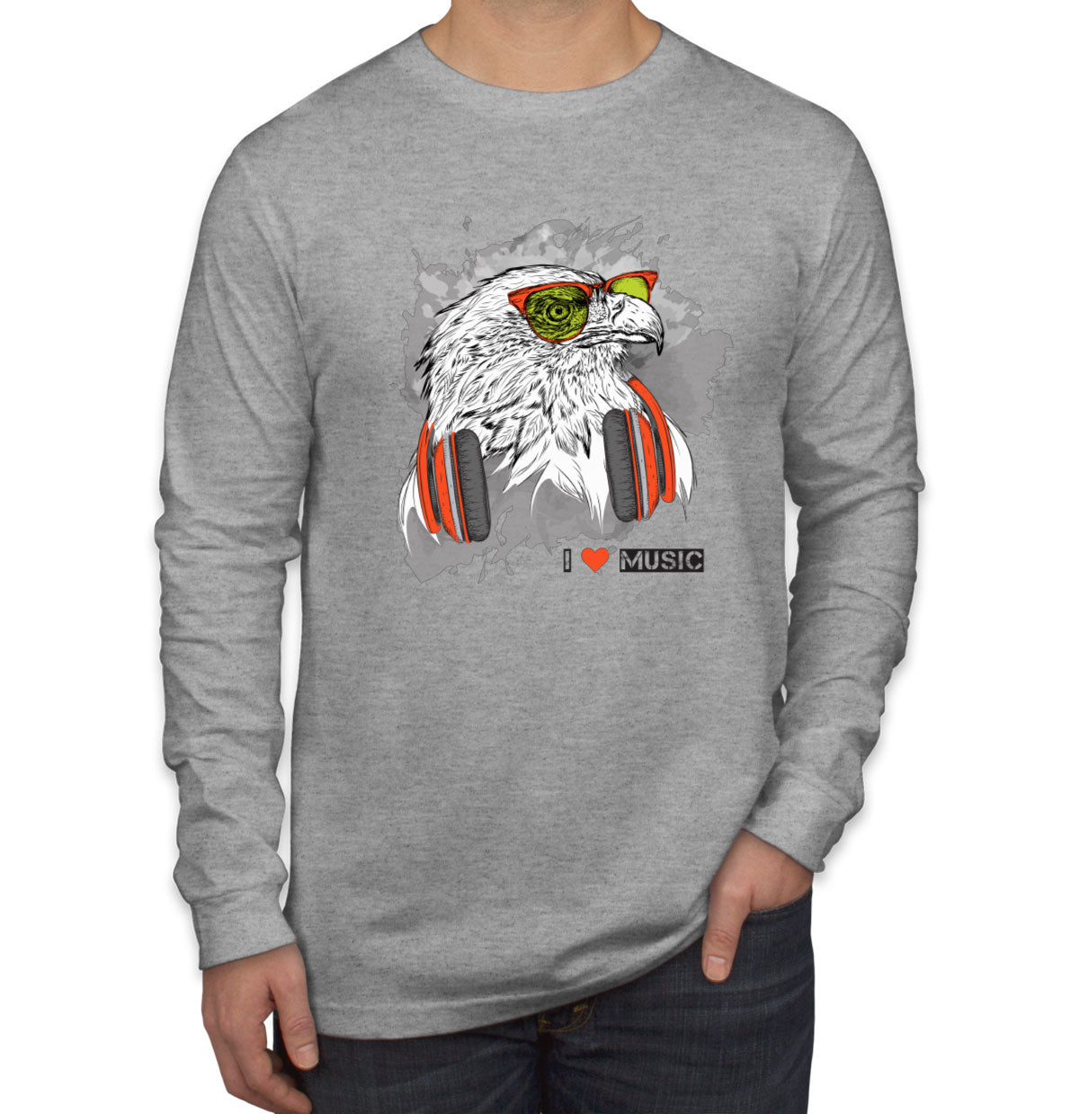 I Love Music Eagle With Headphones Men's Long Sleeve Shirt