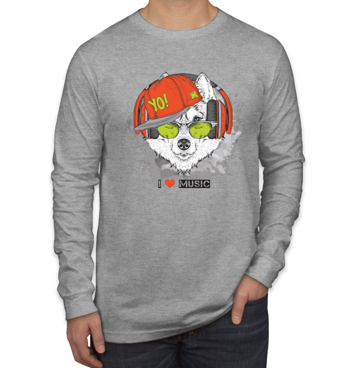 I Love Music Husky With Headphones Men's Long Sleeve Shirt
