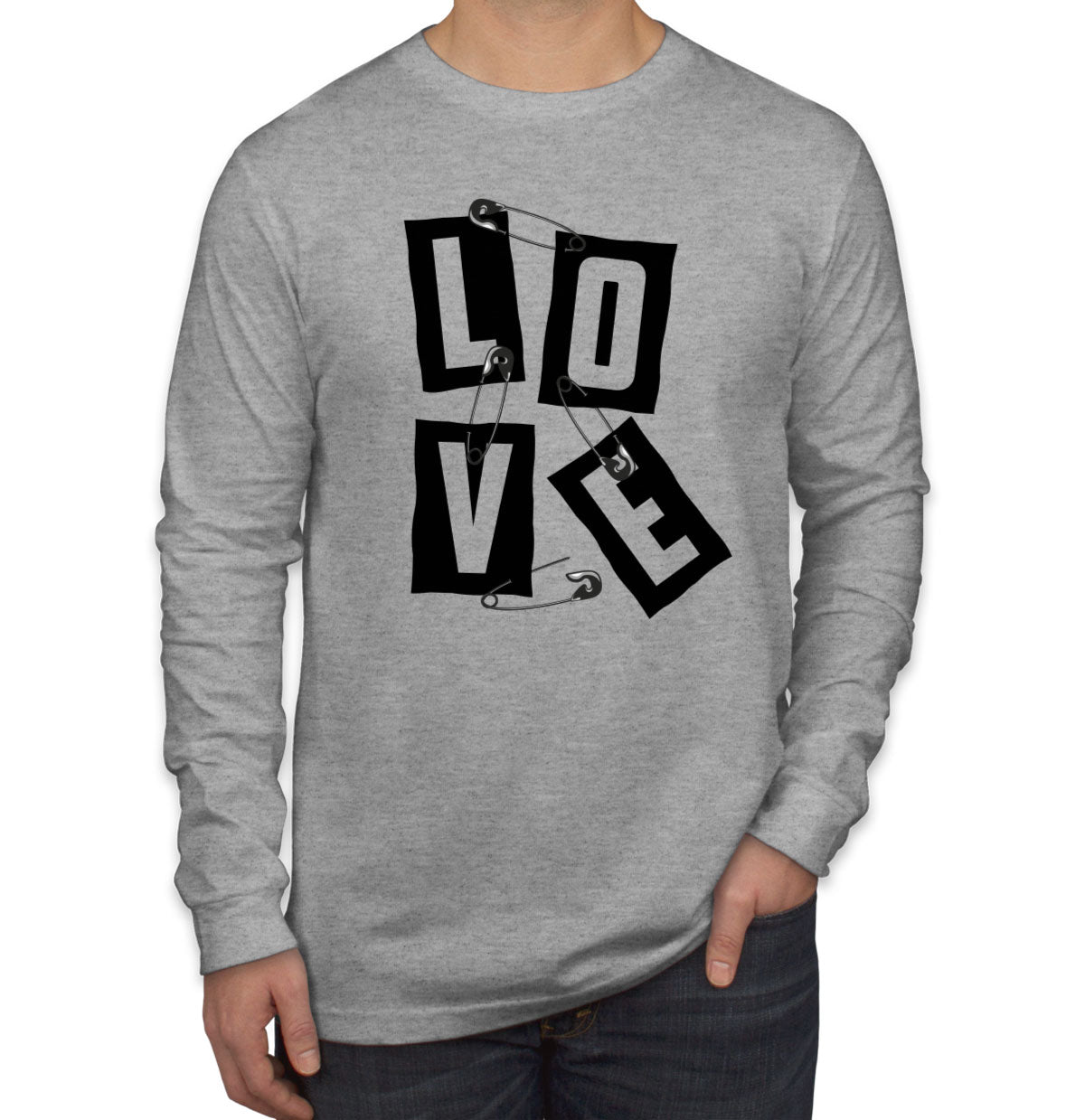 Love Slogan On Ripped Paper And Secured By Safety Pin Men's Long Sleeve Shirt