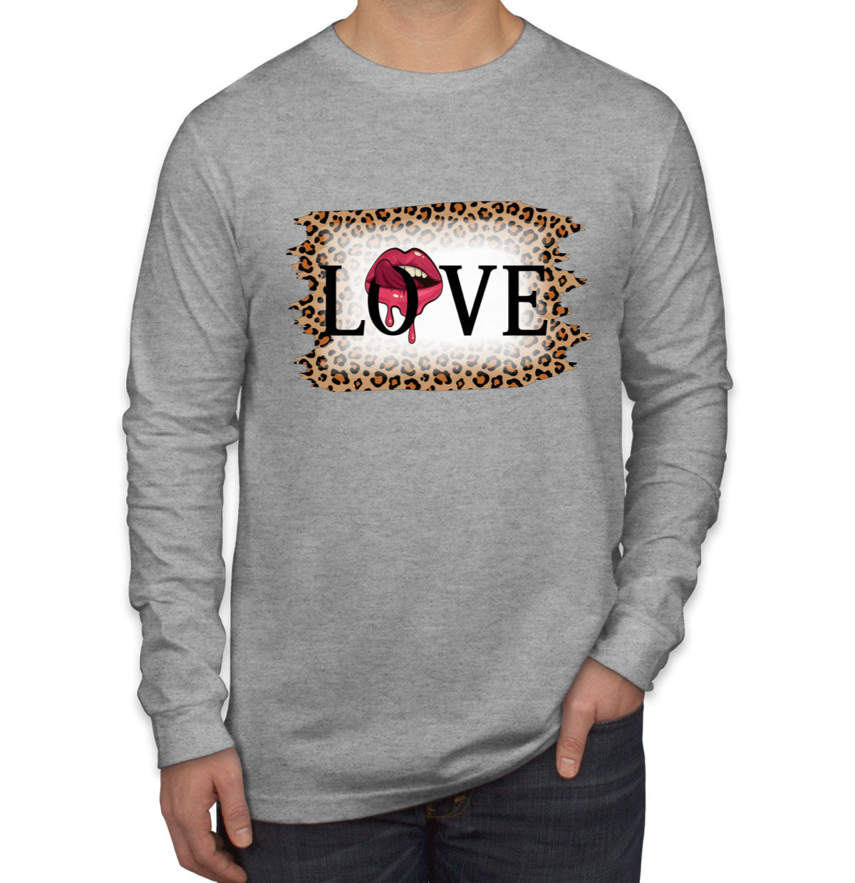 Love Tongue Lipstick Leopard Print Valentine's Day Men's Long Sleeve Shirt