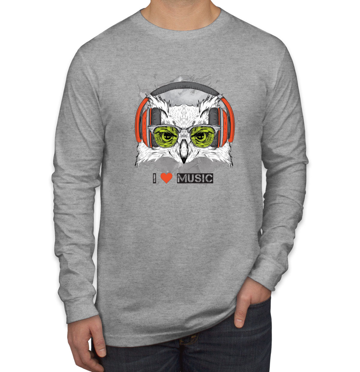 I Love Music Owl With Headphones Men's Long Sleeve Shirt