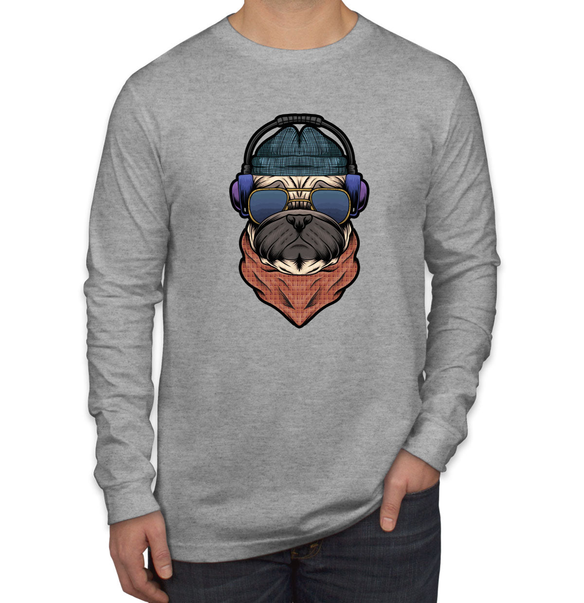 Pug Dog With Headphone Men's Long Sleeve Shirt